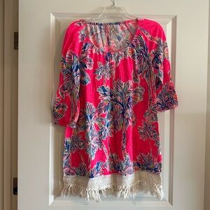 Lilly Pulitzer Vibrant Pink Floral Tunic coverup with Fringe Hem